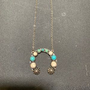 Silver Colored Turquoise Design Squash Blossom Pendant Necklace Costume Jewelry